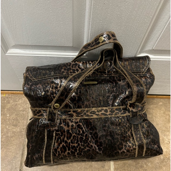 Charlie Lapson Croc Leopard Textured Print Satchel Bag Brass Hardware - Picture 5 of 16